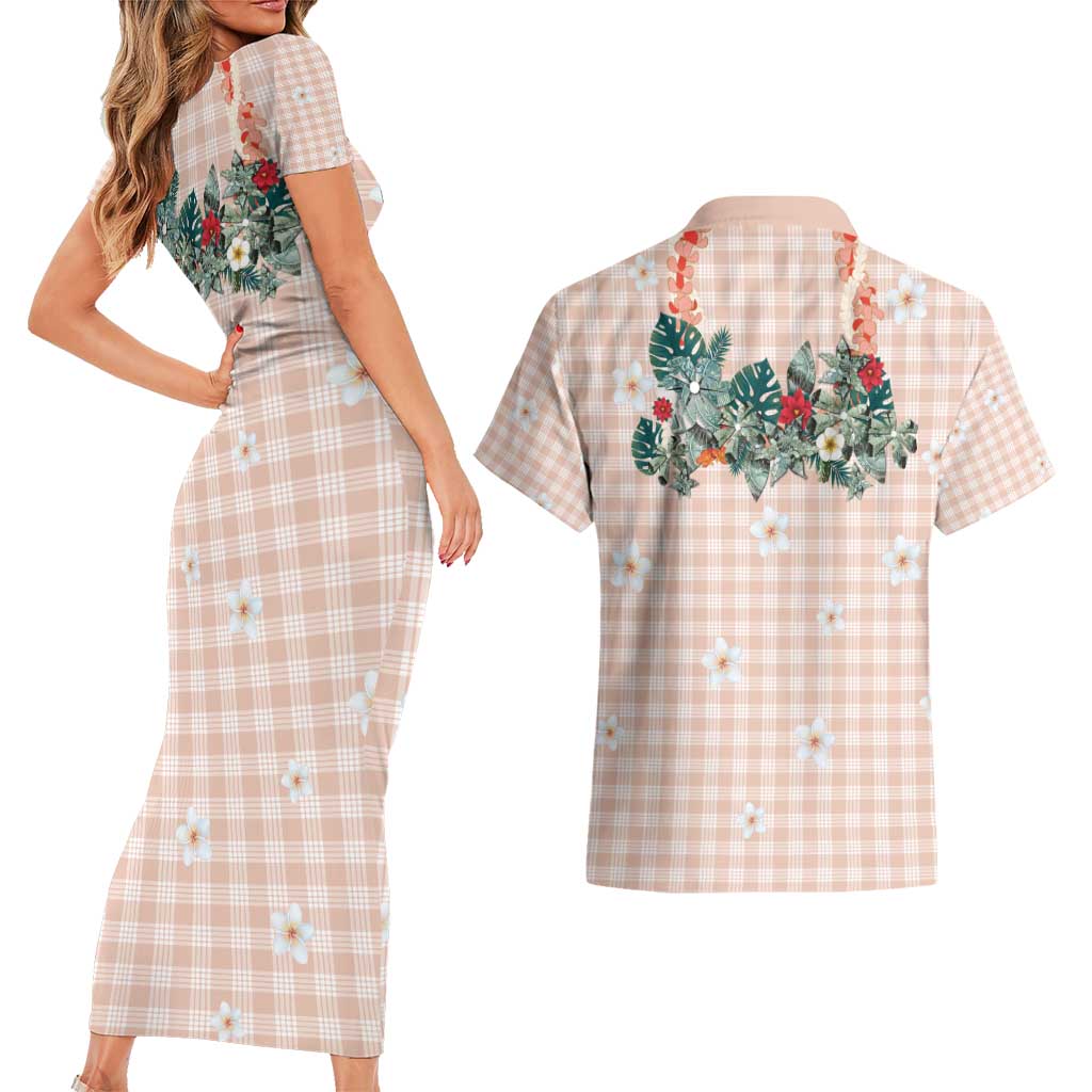 Peach Hawaiian Palaka Couples Matching Short Sleeve Bodycon Dress and Hawaiian Shirt Kukui Nut Money Lei LT9 - Polynesian Pride