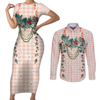 Peach Hawaiian Palaka Couples Matching Short Sleeve Bodycon Dress and Long Sleeve Button Shirt Kukui Nut Money Lei LT9 Peach - Polynesian Pride