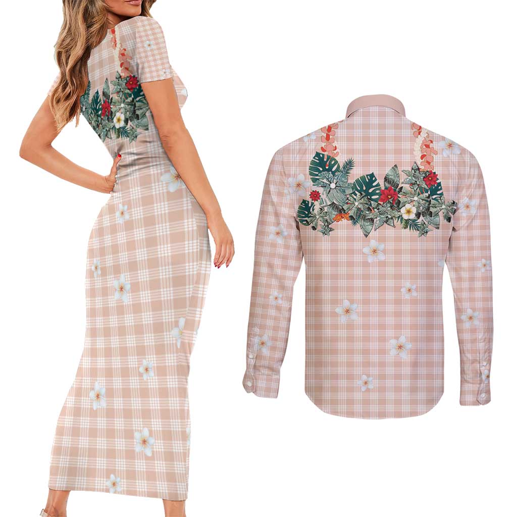 Peach Hawaiian Palaka Couples Matching Short Sleeve Bodycon Dress and Long Sleeve Button Shirt Kukui Nut Money Lei LT9 - Polynesian Pride