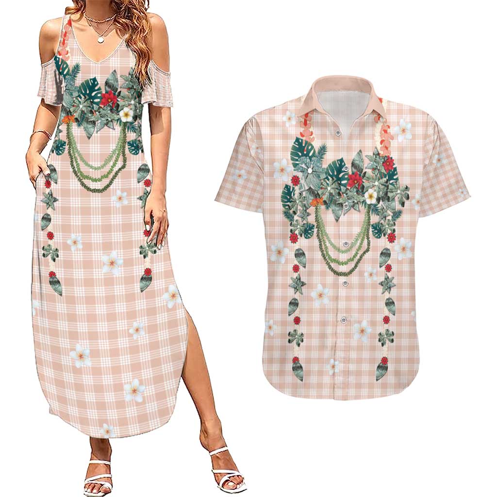 Peach Hawaiian Palaka Couples Matching Summer Maxi Dress and Hawaiian Shirt Kukui Nut Money Lei LT9 Peach - Polynesian Pride