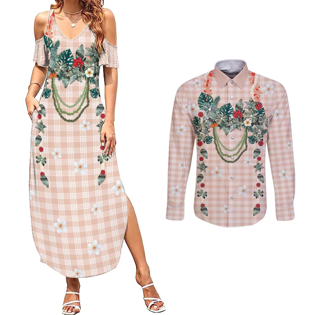 Peach Hawaiian Palaka Couples Matching Summer Maxi Dress and Long Sleeve Button Shirt Kukui Nut Money Lei LT9 Peach - Polynesian Pride