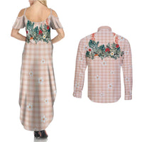 Peach Hawaiian Palaka Couples Matching Summer Maxi Dress and Long Sleeve Button Shirt Kukui Nut Money Lei LT9 - Polynesian Pride