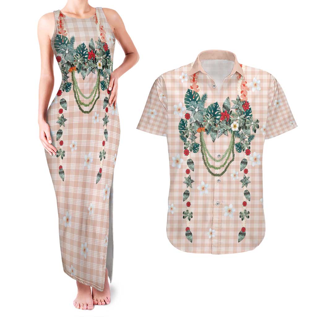 Peach Hawaiian Palaka Couples Matching Tank Maxi Dress and Hawaiian Shirt Kukui Nut Money Lei LT9 Peach - Polynesian Pride