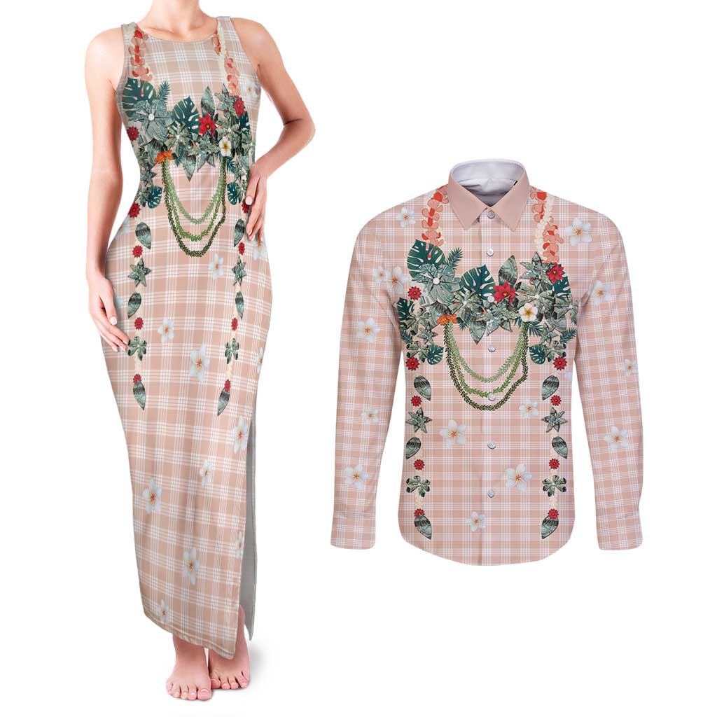 Peach Hawaiian Palaka Couples Matching Tank Maxi Dress and Long Sleeve Button Shirt Kukui Nut Money Lei LT9 Peach - Polynesian Pride
