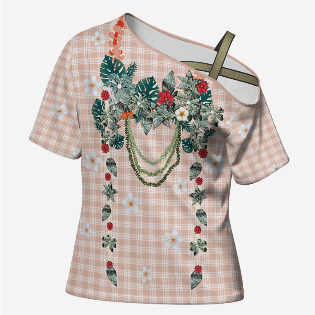 Peach Hawaiian Palaka Cross Shoulder Shirt Kukui Nut Money Lei LT9 Female Peach - Polynesian Pride