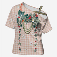 Peach Hawaiian Palaka Cross Shoulder Shirt Kukui Nut Money Lei LT9 Female Peach - Polynesian Pride