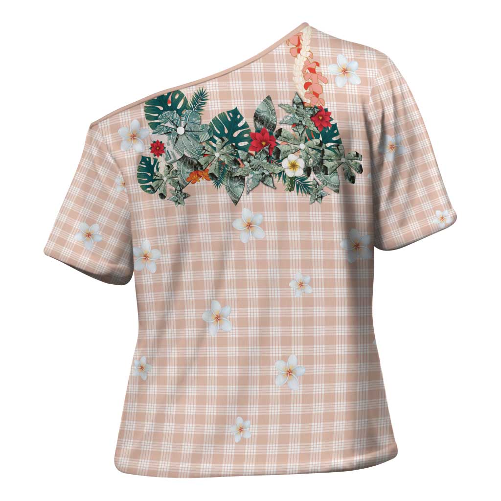 Peach Hawaiian Palaka Cross Shoulder Shirt Kukui Nut Money Lei LT9 - Polynesian Pride