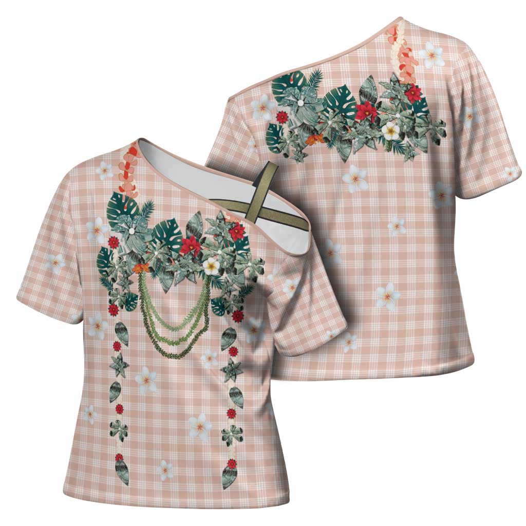 Peach Hawaiian Palaka Cross Shoulder Shirt Kukui Nut Money Lei LT9 - Polynesian Pride