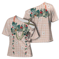 Peach Hawaiian Palaka Cross Shoulder Shirt Kukui Nut Money Lei LT9 - Polynesian Pride