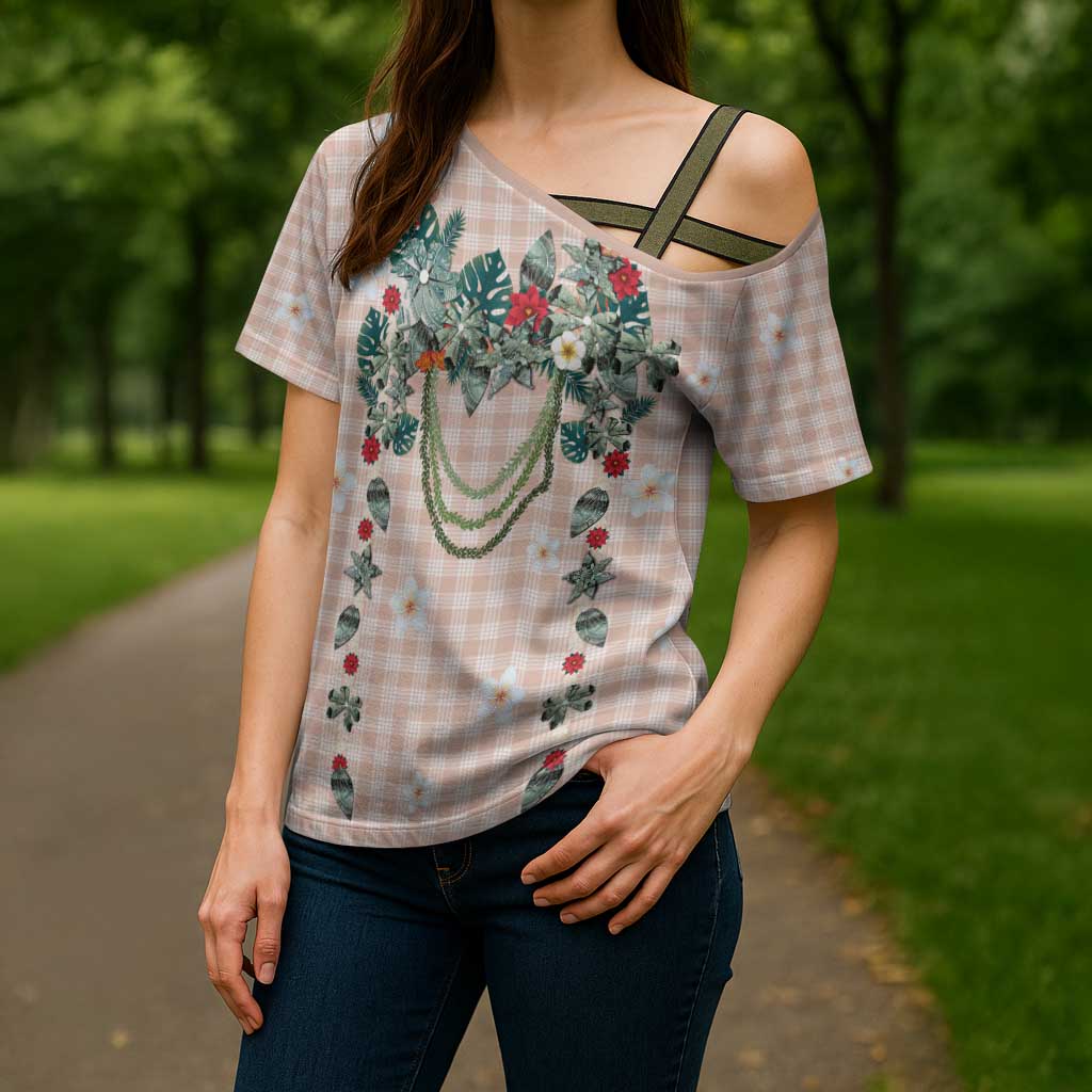 Peach Hawaiian Palaka Cross Shoulder Shirt Kukui Nut Money Lei LT9 - Polynesian Pride
