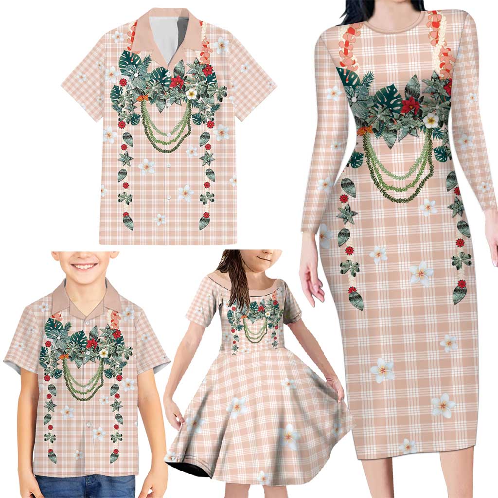Peach Hawaiian Palaka Family Matching Long Sleeve Bodycon Dress and Hawaiian Shirt Kukui Nut Money Lei LT9 - Polynesian Pride