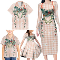 Peach Hawaiian Palaka Family Matching Long Sleeve Bodycon Dress and Hawaiian Shirt Kukui Nut Money Lei LT9 - Polynesian Pride