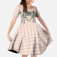 Peach Hawaiian Palaka Family Matching Off The Shoulder Long Sleeve Dress and Hawaiian Shirt Kukui Nut Money Lei LT9 Daughter's Dress Peach - Polynesian Pride