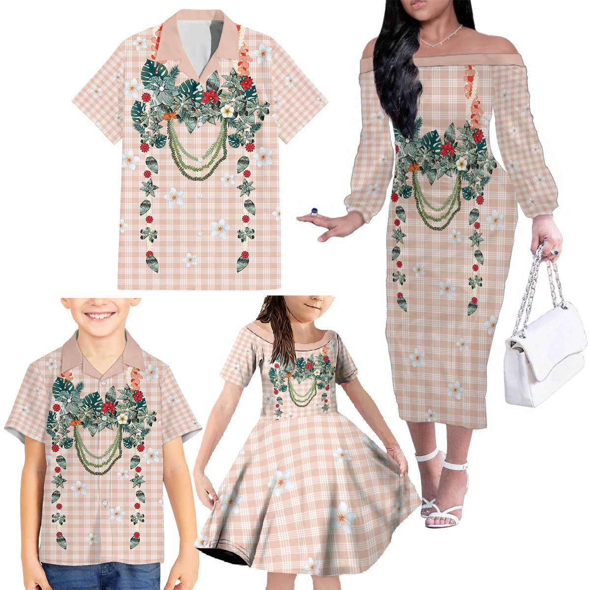 Peach Hawaiian Palaka Family Matching Off The Shoulder Long Sleeve Dress and Hawaiian Shirt Kukui Nut Money Lei LT9 - Polynesian Pride
