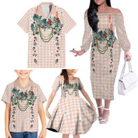 Peach Hawaiian Palaka Family Matching Off The Shoulder Long Sleeve Dress and Hawaiian Shirt Kukui Nut Money Lei LT9 - Polynesian Pride