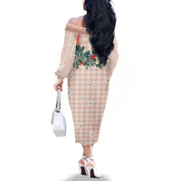 Peach Hawaiian Palaka Family Matching Off The Shoulder Long Sleeve Dress and Hawaiian Shirt Kukui Nut Money Lei LT9 - Polynesian Pride