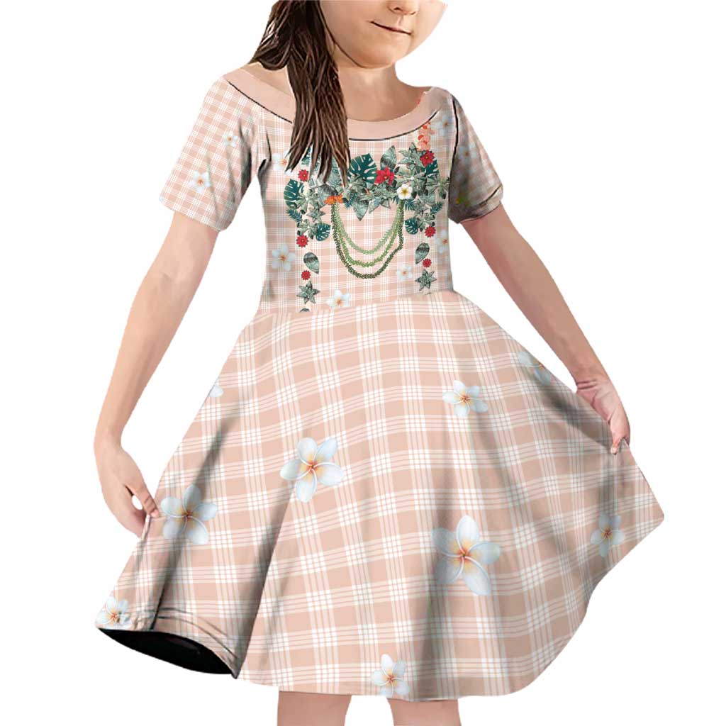 Peach Hawaiian Palaka Family Matching Off Shoulder Short Dress and Hawaiian Shirt Kukui Nut Money Lei LT9 Daughter's Dress Peach - Polynesian Pride
