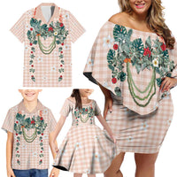 Peach Hawaiian Palaka Family Matching Off Shoulder Short Dress and Hawaiian Shirt Kukui Nut Money Lei LT9 - Polynesian Pride