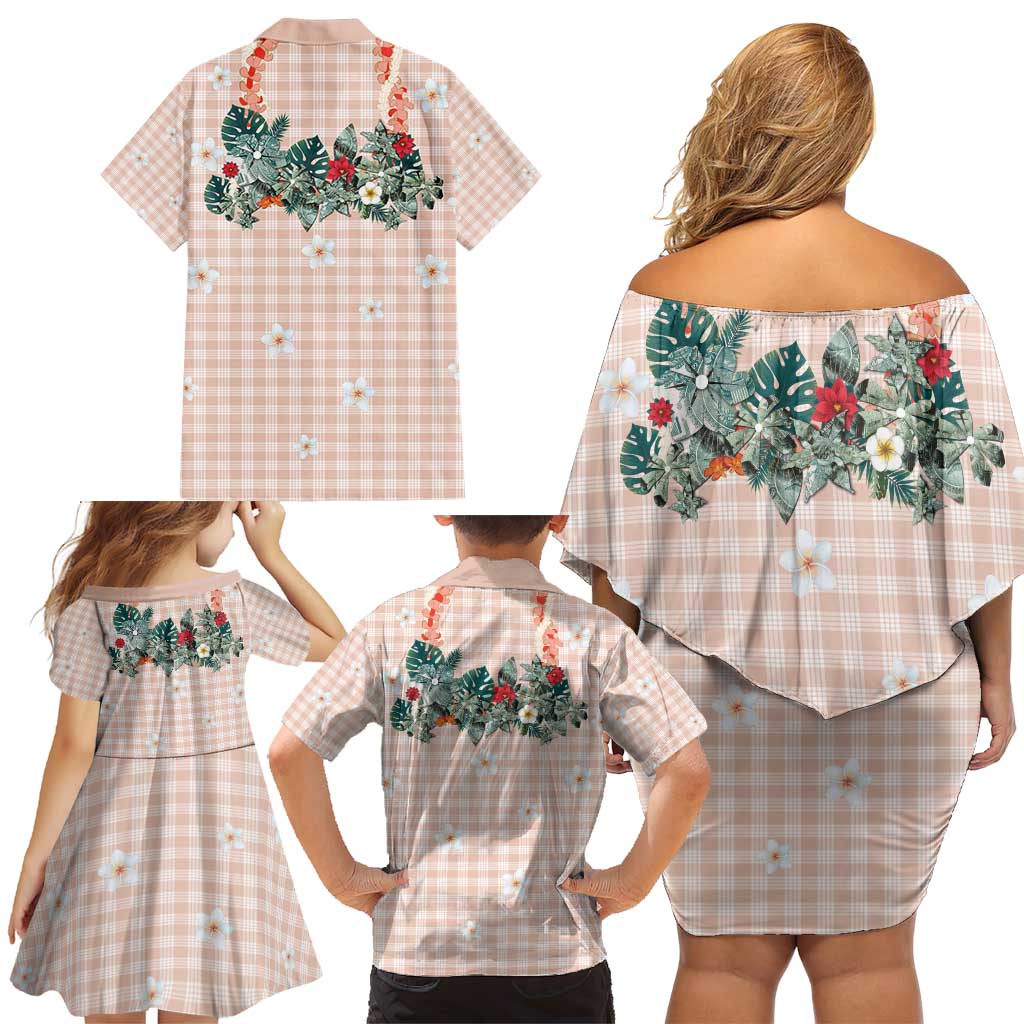 Peach Hawaiian Palaka Family Matching Off Shoulder Short Dress and Hawaiian Shirt Kukui Nut Money Lei LT9 - Polynesian Pride