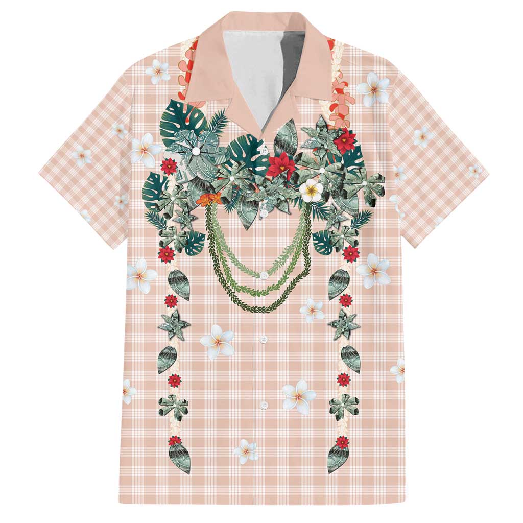 Peach Hawaiian Palaka Family Matching Off Shoulder Short Dress and Hawaiian Shirt Kukui Nut Money Lei LT9 Dad's Shirt - Short Sleeve Peach - Polynesian Pride