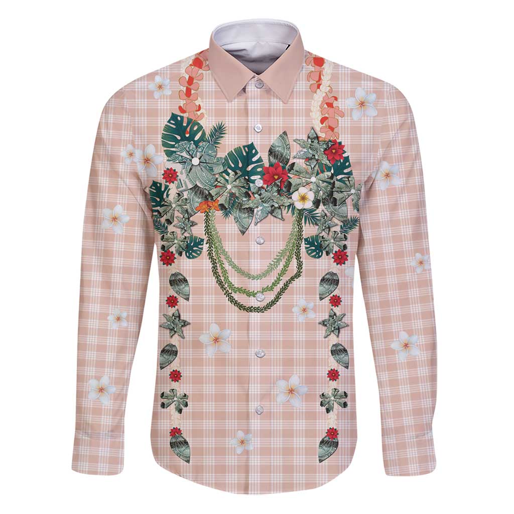 Peach Hawaiian Palaka Family Matching Puletasi and Hawaiian Shirt Kukui Nut Money Lei LT9 Dad's Shirt - Long Sleeve Peach - Polynesian Pride