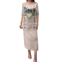 Peach Hawaiian Palaka Family Matching Puletasi and Hawaiian Shirt Kukui Nut Money Lei LT9 Mom's Dress Peach - Polynesian Pride