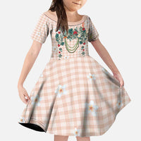 Peach Hawaiian Palaka Family Matching Short Sleeve Bodycon Dress and Hawaiian Shirt Kukui Nut Money Lei LT9 Daughter's Dress Peach - Polynesian Pride