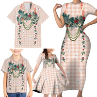 Peach Hawaiian Palaka Family Matching Short Sleeve Bodycon Dress and Hawaiian Shirt Kukui Nut Money Lei LT9 - Polynesian Pride