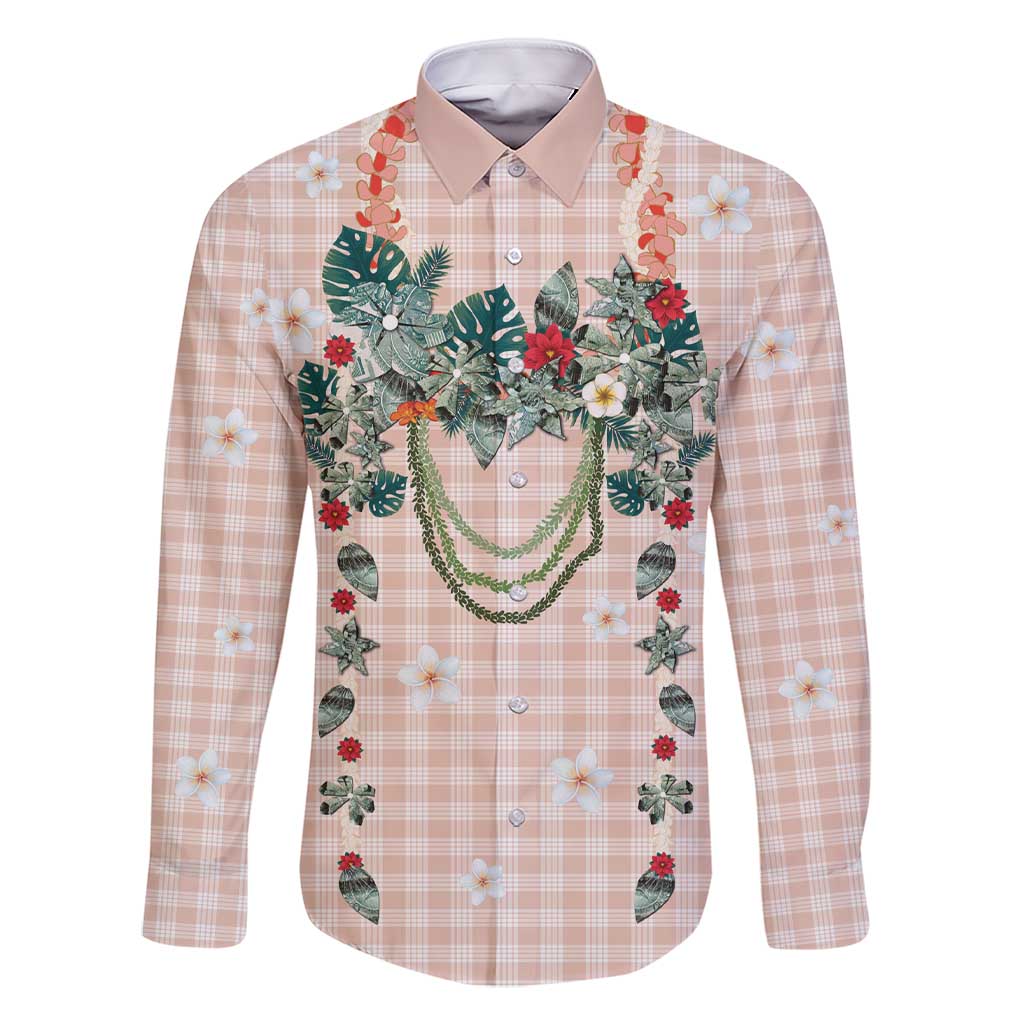 Peach Hawaiian Palaka Family Matching Short Sleeve Bodycon Dress and Hawaiian Shirt Kukui Nut Money Lei LT9 Dad's Shirt - Long Sleeve Peach - Polynesian Pride