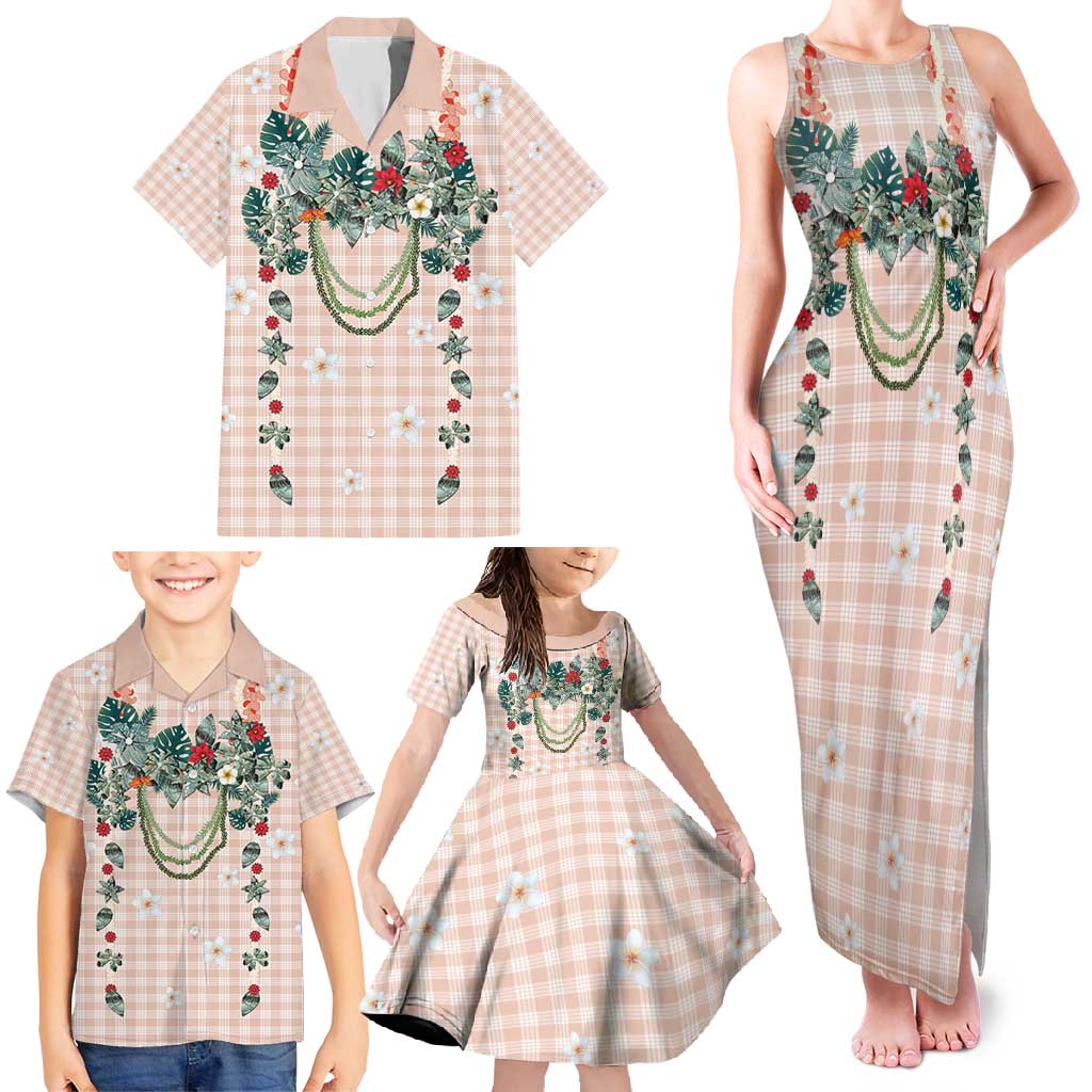 Peach Hawaiian Palaka Family Matching Tank Maxi Dress and Hawaiian Shirt Kukui Nut Money Lei LT9 - Polynesian Pride