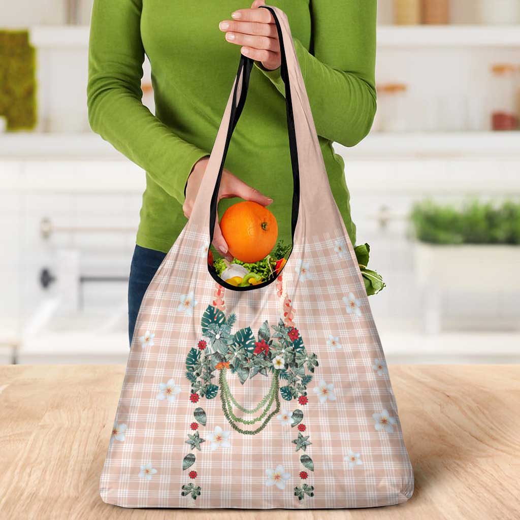 Peach Hawaiian Palaka Grocery Bag Kukui Nut Money Lei - Polynesian Pride