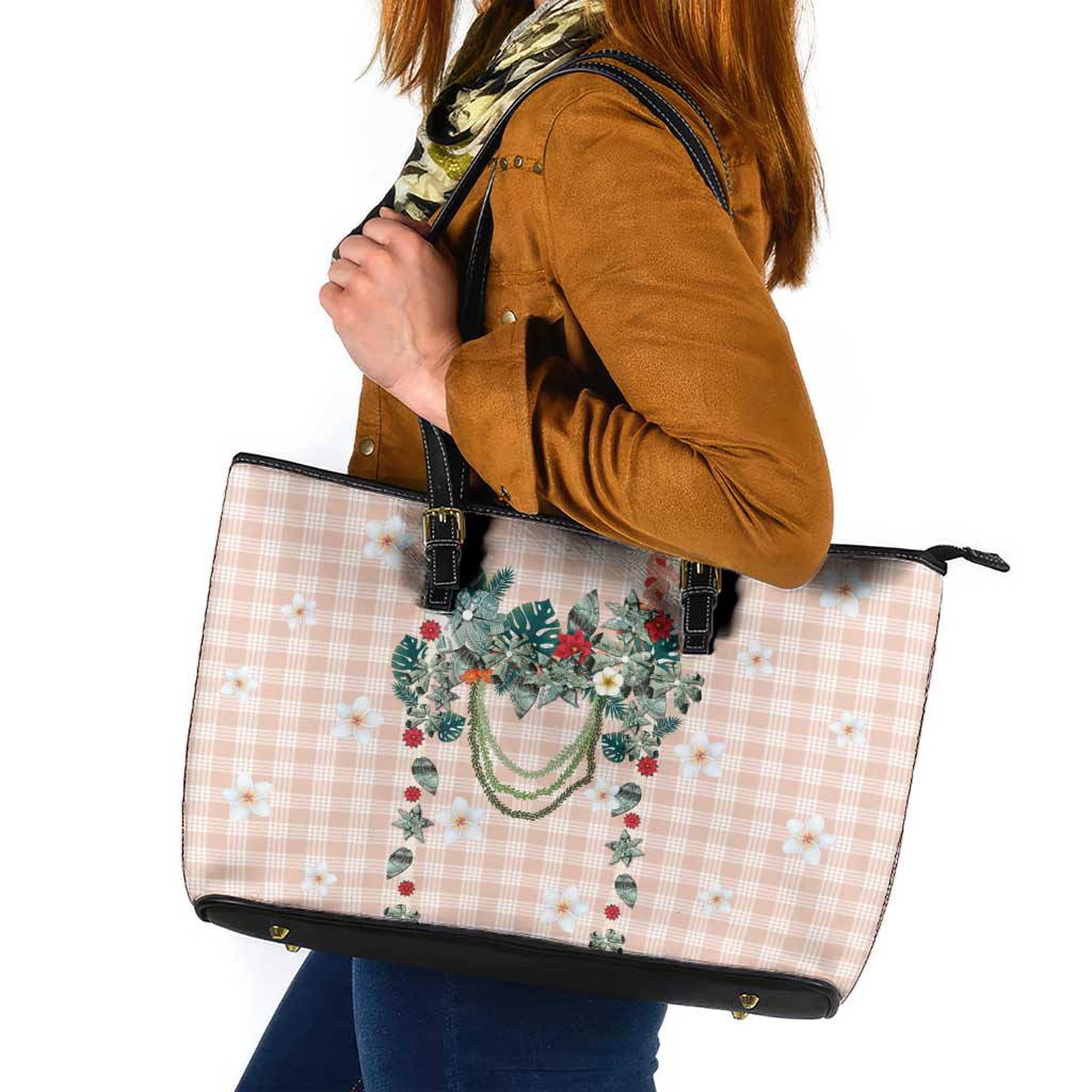 Peach Hawaiian Palaka Leather Tote Bag Kukui Nut Money Lei - Polynesian Pride
