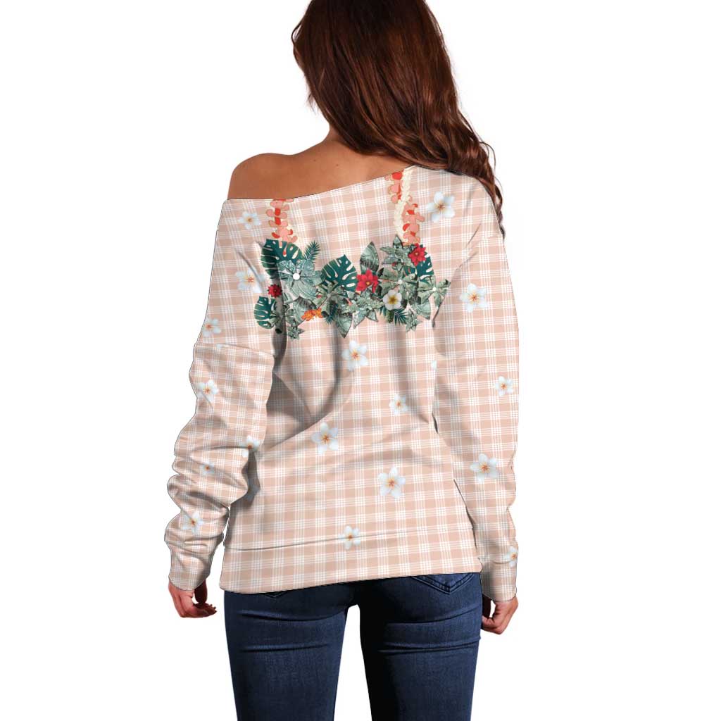 Peach Hawaiian Palaka Off Shoulder Sweater Kukui Nut Money Lei - Polynesian Pride