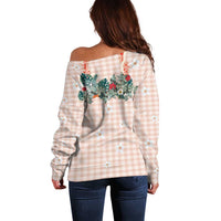 Peach Hawaiian Palaka Off Shoulder Sweater Kukui Nut Money Lei - Polynesian Pride