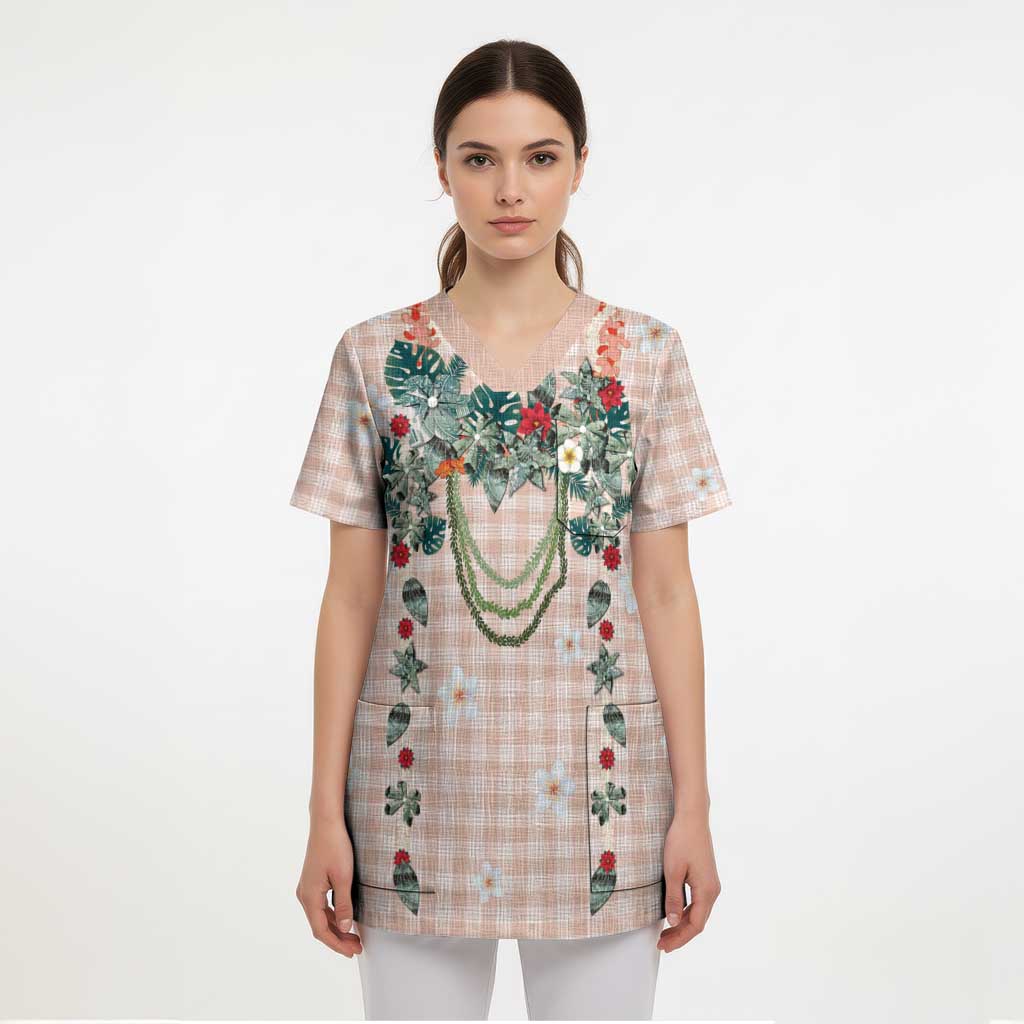 Peach Hawaiian Palaka Scrub Top Kukui Nut Money Lei - Polynesian Pride