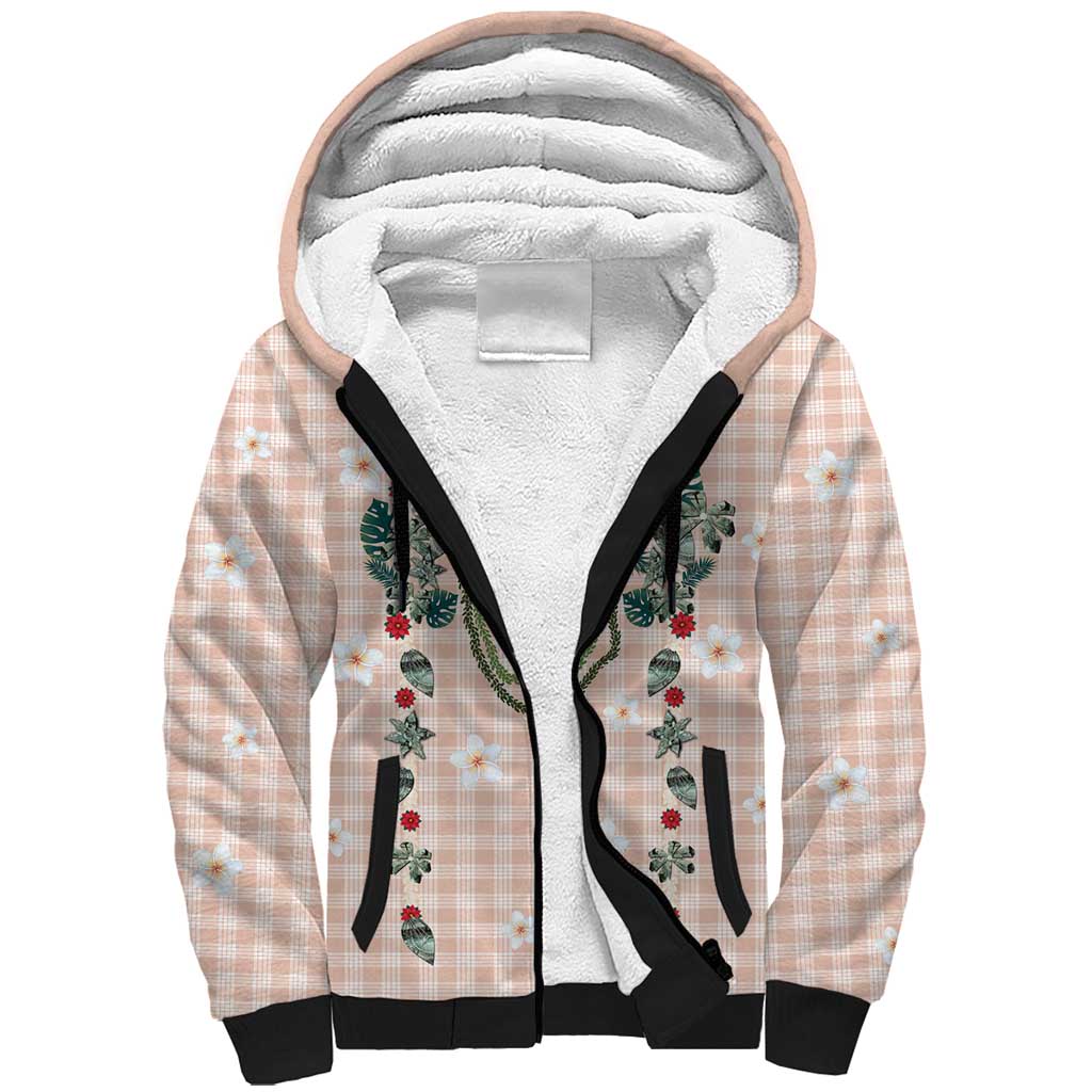 Peach Hawaiian Palaka Sherpa Hoodie Kukui Nut Money Lei - Polynesian Pride