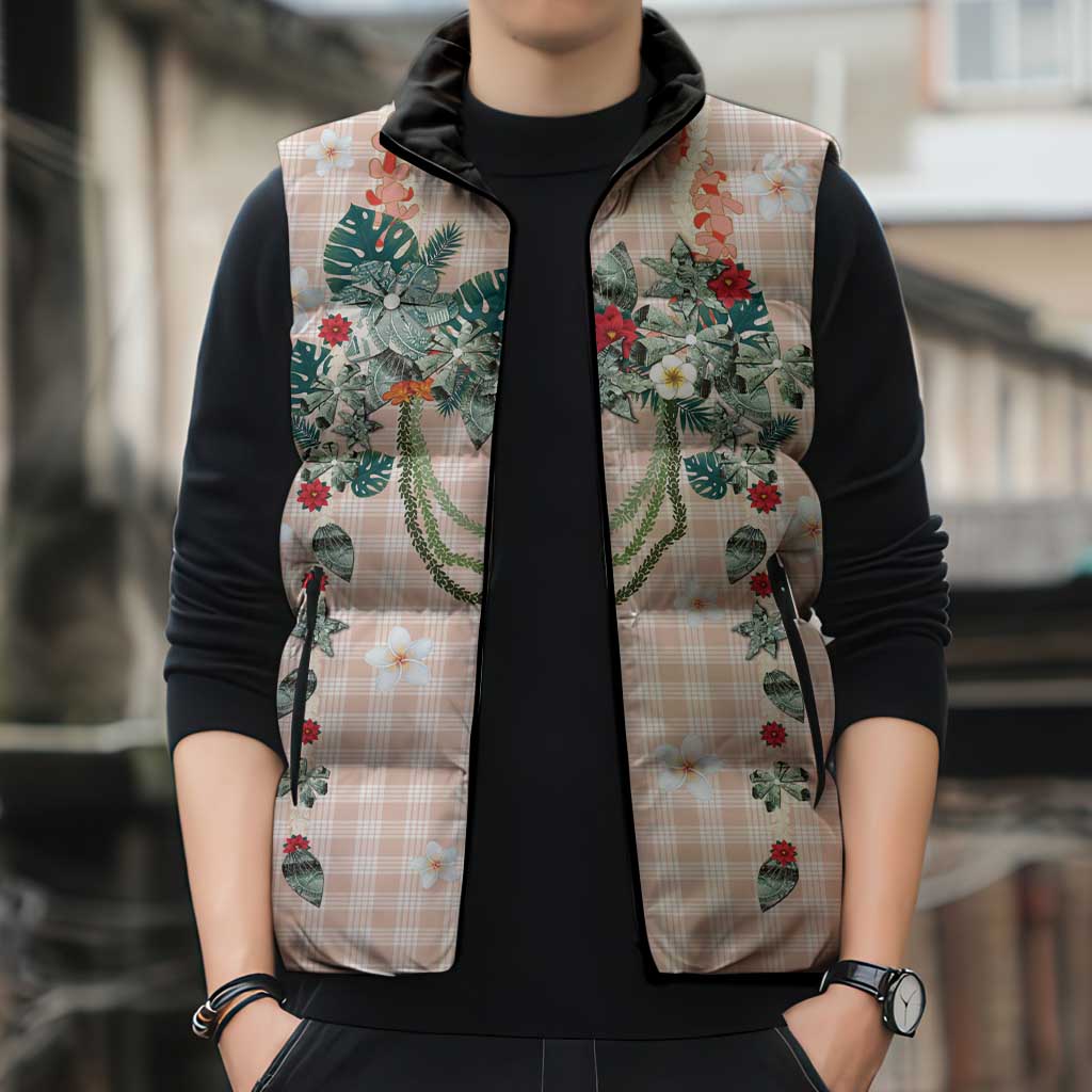 Peach Hawaiian Palaka Sleeveless Puffer Jacket Kukui Nut Money Lei - Polynesian Pride