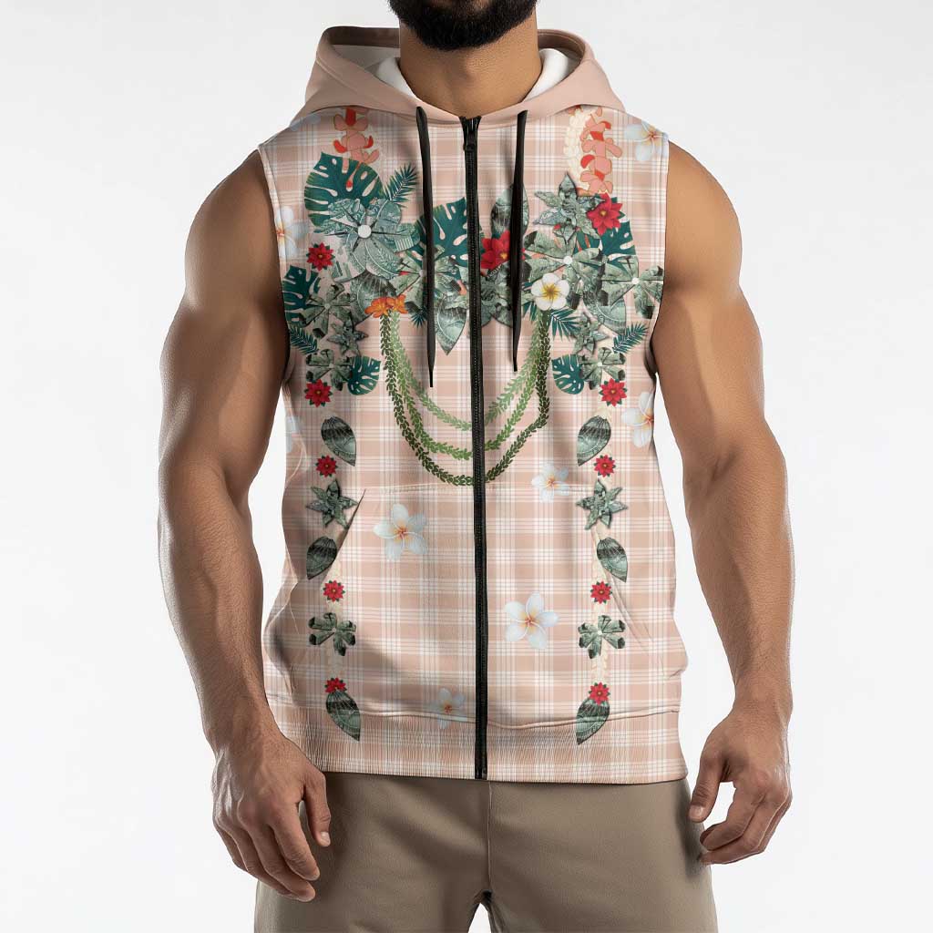 Peach Hawaiian Palaka Sleeveless Zip Hoodie Kukui Nut Money Lei - Polynesian Pride