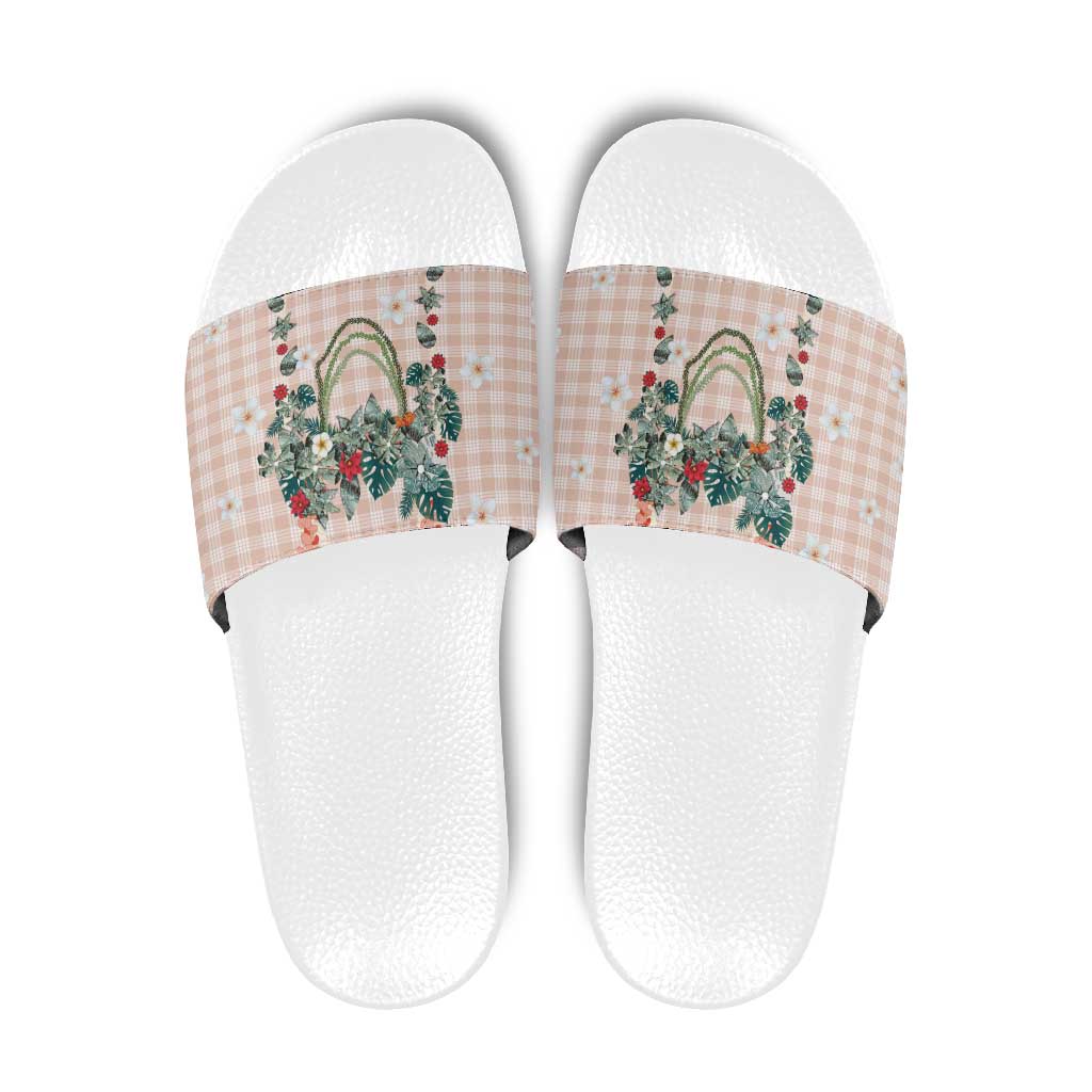 Peach Hawaiian Palaka Slide Sandals Kukui Nut Money Lei - Polynesian Pride