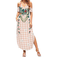 Peach Hawaiian Palaka Summer Maxi Dress Kukui Nut Money Lei - Polynesian Pride