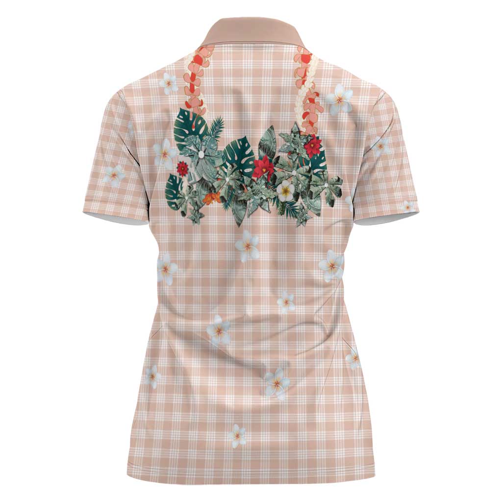 Peach Hawaiian Palaka Women Polo Shirt Kukui Nut Money Lei - Polynesian Pride