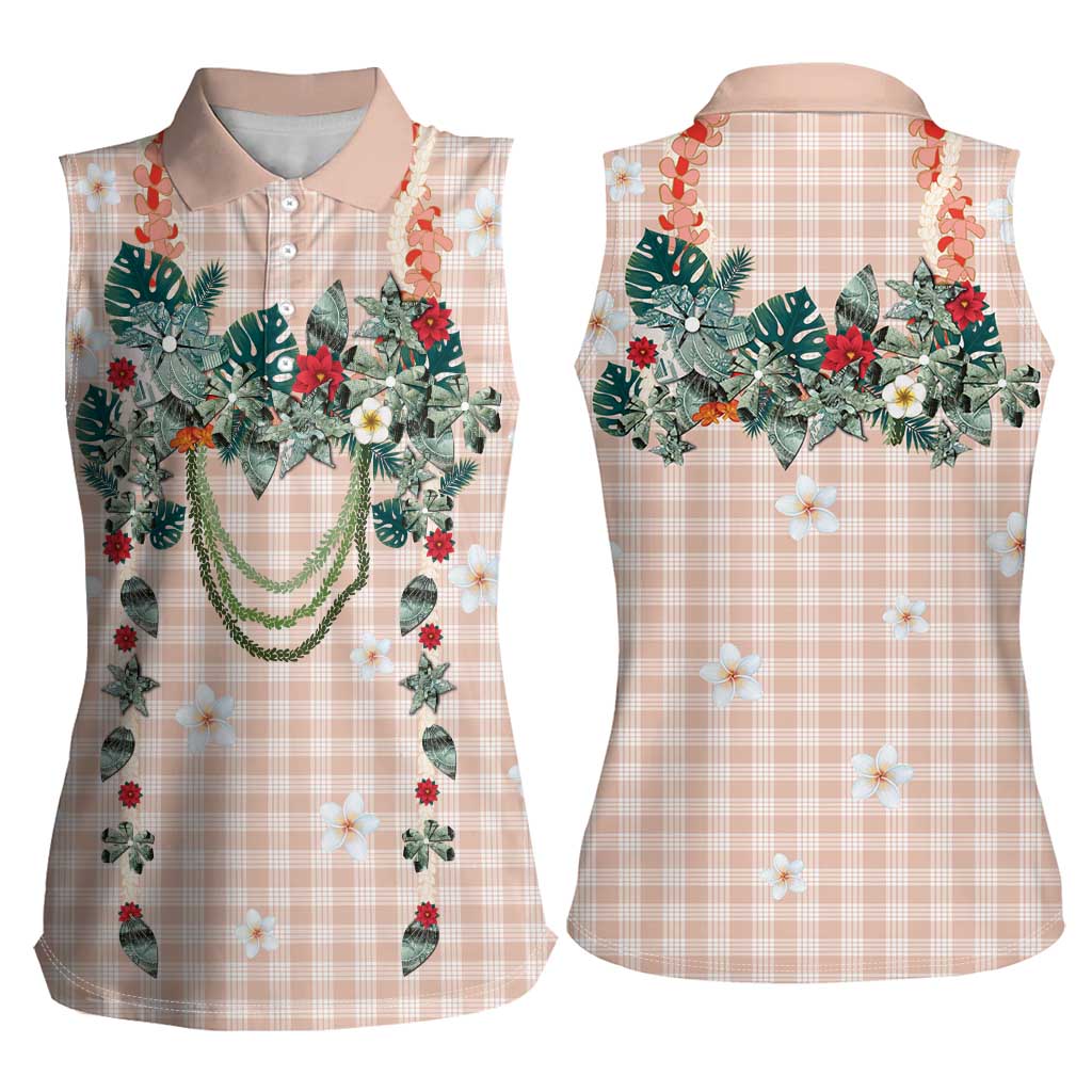 Peach Hawaiian Palaka Women Sleeveless Polo Shirt Kukui Nut Money Lei LT9 - Polynesian Pride