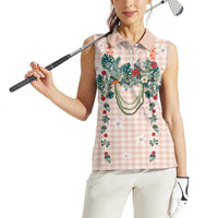 Peach Hawaiian Palaka Women Sleeveless Polo Shirt Kukui Nut Money Lei LT9 - Polynesian Pride