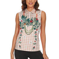Peach Hawaiian Palaka Women Sleeveless Polo Shirt Kukui Nut Money Lei LT9 - Polynesian Pride