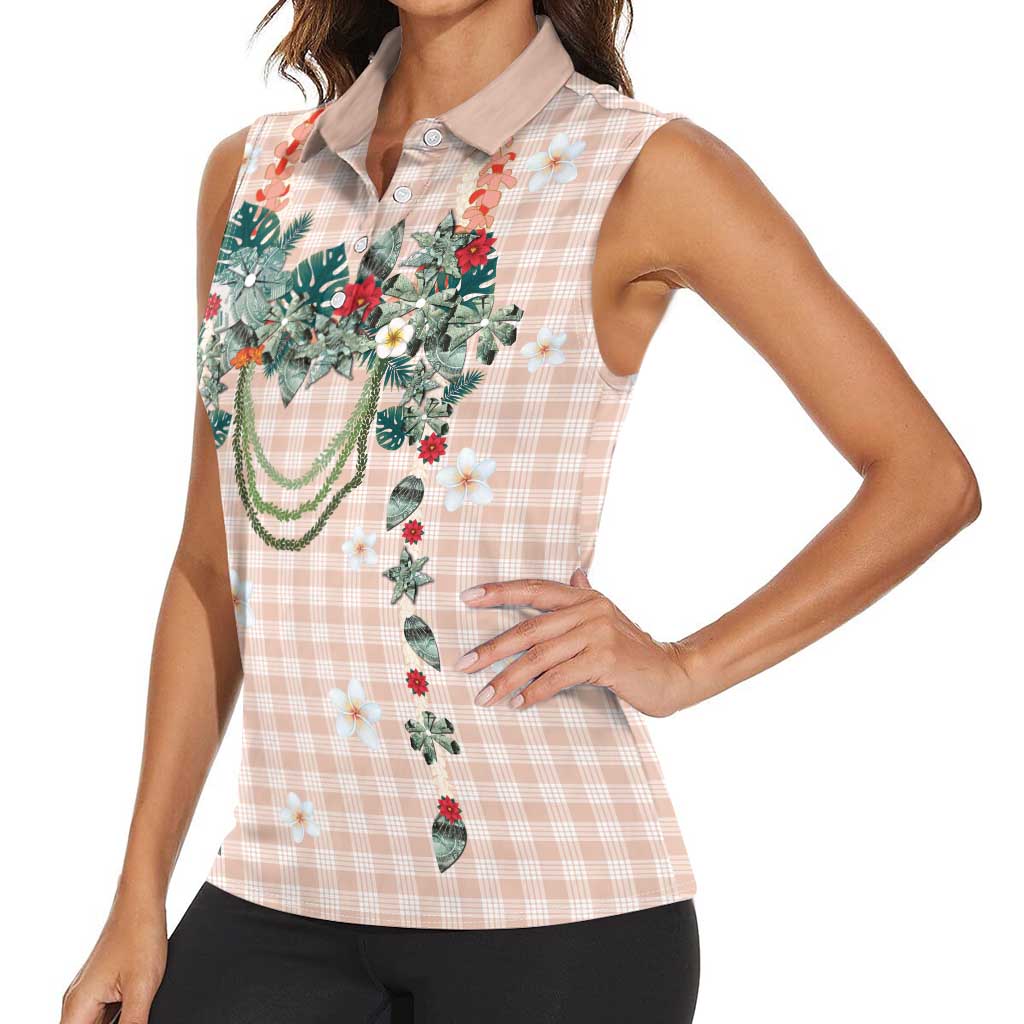 Peach Hawaiian Palaka Women Sleeveless Polo Shirt Kukui Nut Money Lei LT9 - Polynesian Pride