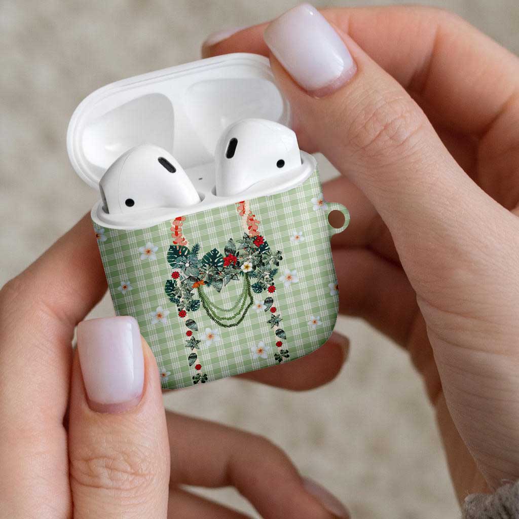 Sage Green Hawaiian Palaka AirPods Case Kukui Nut Money Lei - Polynesian Pride