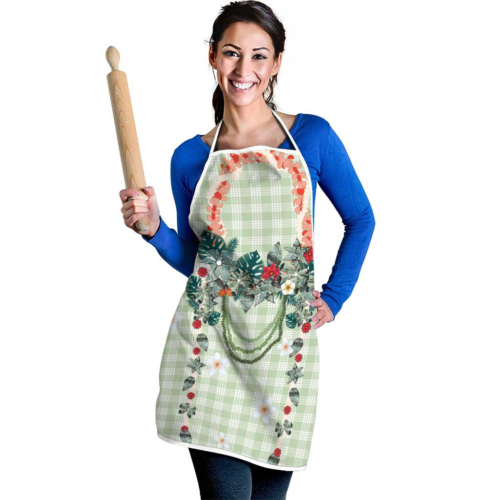 Sage Green Hawaiian Palaka Apron Kukui Nut Money Lei - Polynesian Pride