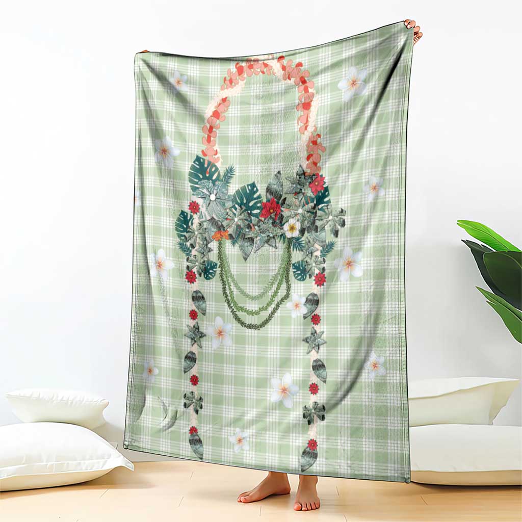 Sage Green Hawaiian Palaka Blanket Kukui Nut Money Lei - Polynesian Pride
