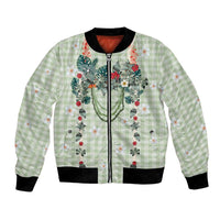 Sage Green Hawaiian Palaka Bomber Jacket Kukui Nut Money Lei - Polynesian Pride