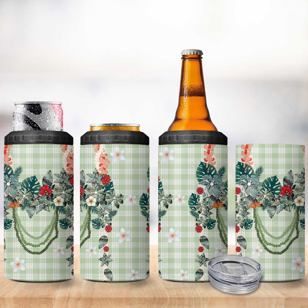 Sage Green Hawaiian Palaka 4 in 1 Can Cooler Tumbler Kukui Nut Money Lei - Polynesian Pride
